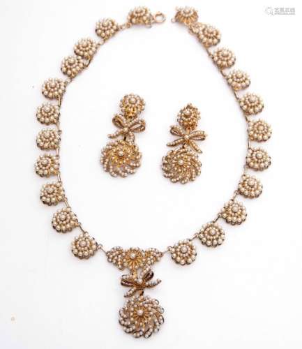 Vintage gilt metal and seed pearl necklace and pendant earrings, a design of a line of seed pearl