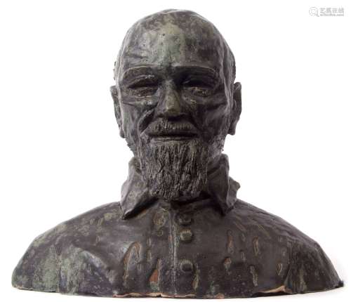 Bronze patinated head and shoulders bust of a bearded gent wearing a buttoned jacket, 35cm high