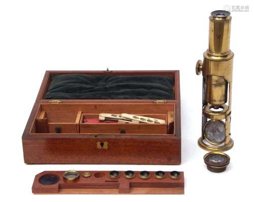 Mid-19th century mahogany cased drum microscope, unsigned, of typical lacquered brass construction