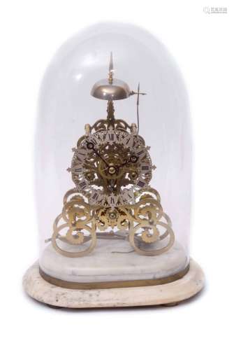 Late 19th century single chain fusee skeleton clock, the whole raised on a variegated white marble