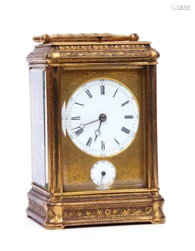 Late 19th century French gilt brass repeating carriage alarm clock, Drocourt 9557, the silvered