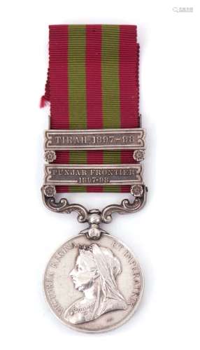 India medal 1896, with two clasps, Punjab Frontier 1897-98 and Tirah 1897-98 engraved to 4979 Pte