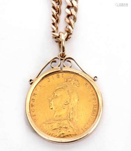 Victorian sovereign dated 1892, framed in a 9ct gold pendant mount, suspended from a heavy filed