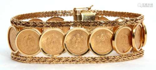 Mexican Dos Pesos coin bracelet featuring 13 two-peso gold coins, all dated 1945, framed in an 18K