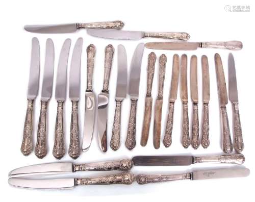 Mixed Lot: six each silver handled Kings pattern dinner and side knives, together with two further