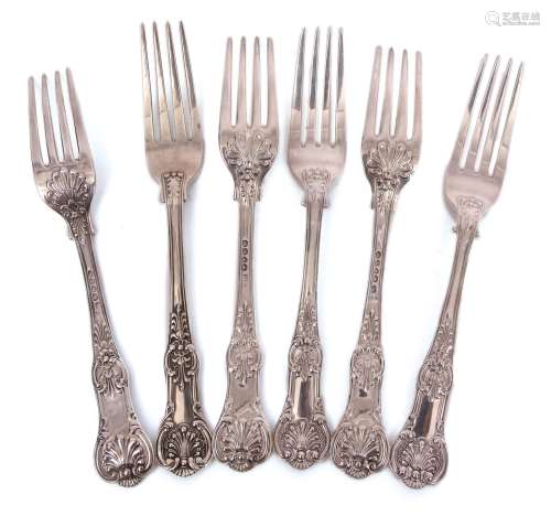 Mixed Lot: Three + three William IV Queen's pattern dinner forks with Honeysuckle heels, length