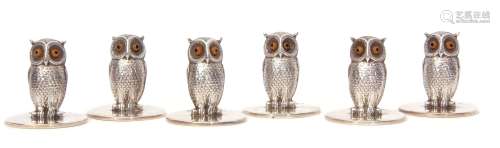 Cased set of six Edward VII place card/menu holders, each modelled in the form of a standing owl