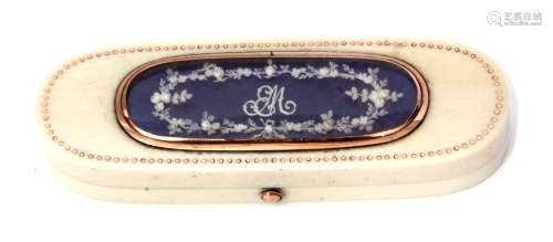 Early 19th century ivory, gold and enamel toothpick box of hinged oval form, the cover with pique