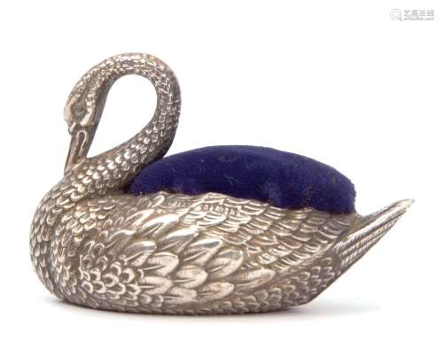 Edward VII novelty pin cushion, modelled in the form of a swan with cushion to its back and fabric