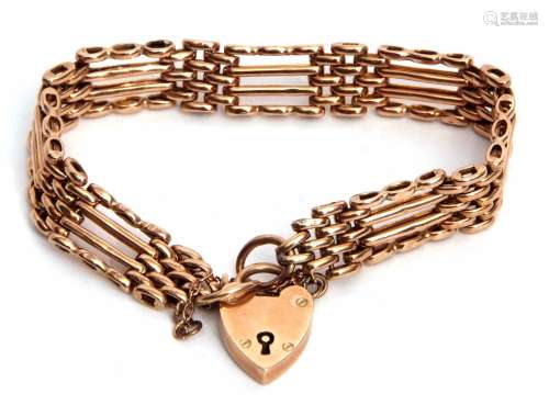 Antique four-bar fancy link gate bracelet, stamped 9c with heart padlock and safety chain fitting,