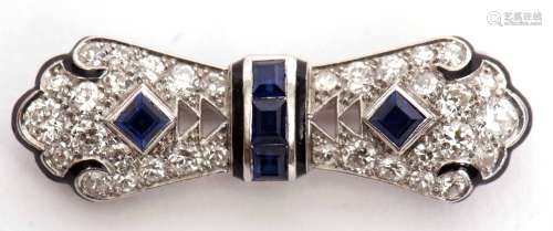 Diamond and blue stone bow plaque brooch with black enamel detail featuring 34 round brilliant cut