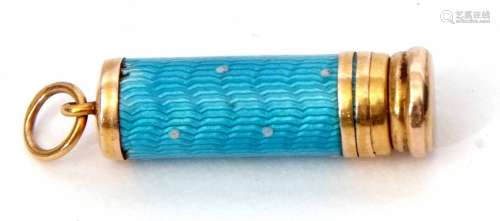 Enamel and 15ct pencil holder, a turquoise blue guilloche enamel with white dot enamel detail,