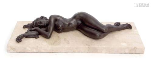 Bronze patinated model of a reclining female nude, on a marble plinth, 35cm long