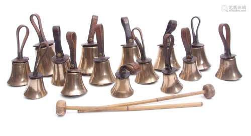 Boxed set of 15 19th century campanologist's brass and leather mounted hand-bells, Mears-London