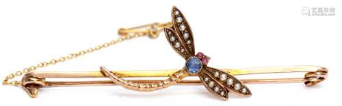 Late 19th century dragonfly brooch, circa 1890, the abdomen set with a circular cut sapphire, the