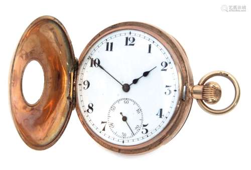 Early 20th century 9ct gold half hunter keyless pocket watch, the frosted gilt and jewelled movement