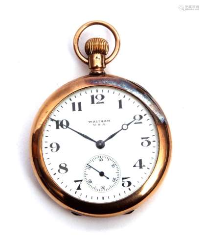 Second quarter of 20th century 9ct gold American open face keyless lever watch, AWW Co - Waltham,