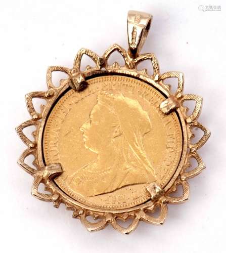 Victorian sovereign dated 1894, framed in a 9ct gold pendant mount, gross weight 11.7gms
