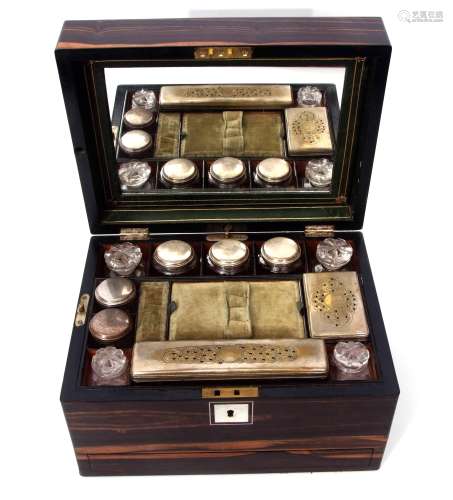 19th century coromandel vanity box, the lifting lid with central vacant mother of pearl nameplate,