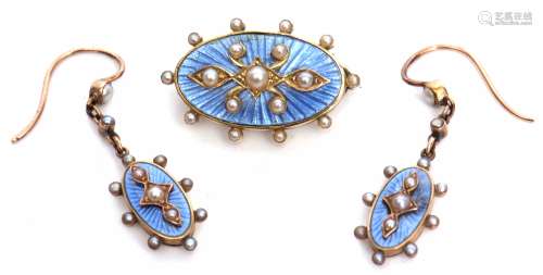 Victorian gold and blue guilloche enamel and seed pearl oval shaped mourning brooch, with a