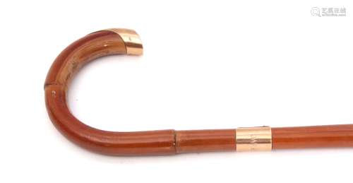 Edward VII 12ct gold mounted bamboo walking cane of typical hook form with applied and polished