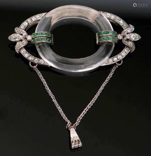 Art Deco rock crystal emerald and diamond brooch, circa 1925, the oval shaped open work brooch, with