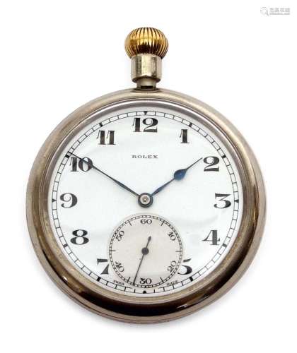 Mid-20th century Govt issue nickel cased open faced keyless deck watch, Rolex, cal 548, the 15-jewel