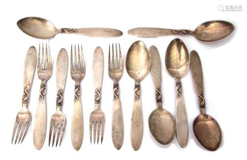 Six + six Danish mid-20th century spoons and forks, each of polished construction and with double