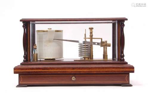 Modern mahogany and boxwood line inlaid barograph, E L B Barometer, Dereham, Norfolk, the plinth