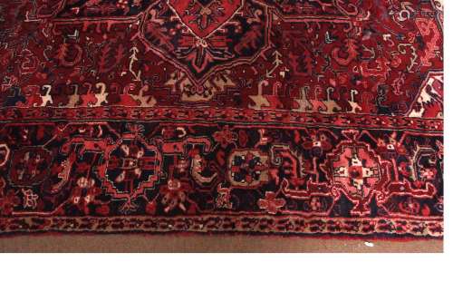 Large modern Caucasian carpet, triple gull border and large central cruciform motif, mainly red