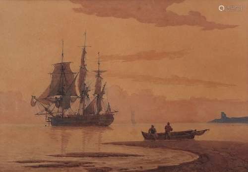 Attributed to Anthony Van Dyke Copley Fielding (1787-1855) Seascape with fisherfolk, pen, ink and