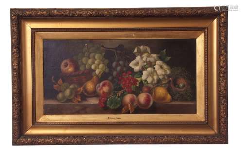 Attributed to Vincent Clare (1855-1930), Still Life study of mixed fruit, flowers and birds nest