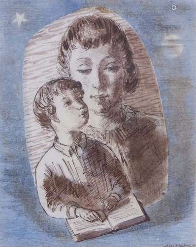 AR Barnett Freedman (1901-1958), Mother and child with book, pen, ink and watercolour, signed and