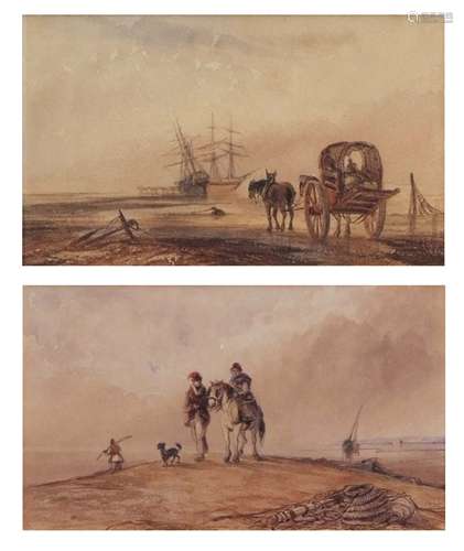 Circle of David Cox (1783-1859) Coastal scenes with fisherfolk, horse and cart etc pair of