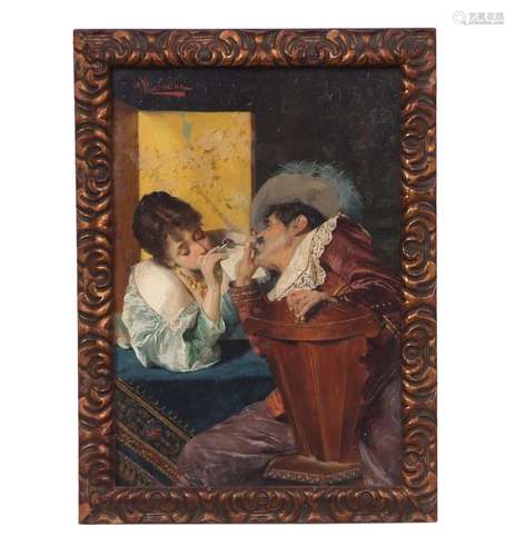 Pompeo Massani (1850-1920), Interior scene with romantic couple, oil on panel, signed top left, 13 x