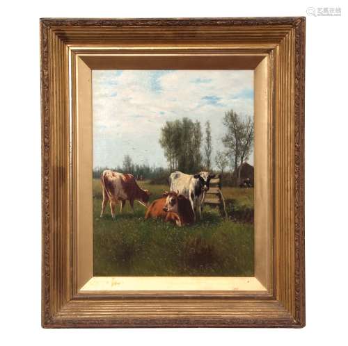 William Frederick Hulk (1852-1906), Cattle in a meadow, oil on canvas, signed lower left, 49 x 38cm