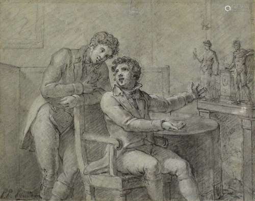 Circle of Pierre-Paul Prud'hon (1758-1823) Two Gentlemen admiring an Antique Sculpture black chalk