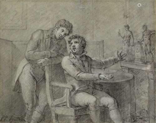 Circle of Pierre-Paul Prud'hon (1758-1823) Two Gentlemen admiring an Antique Sculpture black chalk