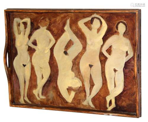 AR Tessa Newcomb, (born 1955), Five female nudes, oil on wooden tray, initialled and dated 92