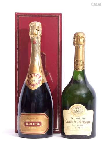 Krug Grand Cuvee Champagne in presentation box and Tattinger Comtes de Champagne Millesime 1988, 1