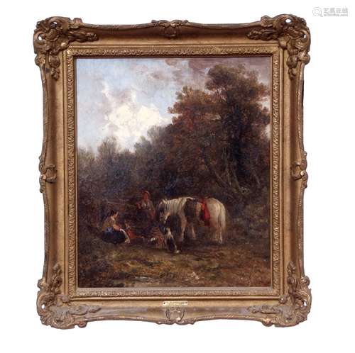 Edward Robert Smythe (1810-1899) Figure group with horse and dog in wooded landscape, oil on canvas,