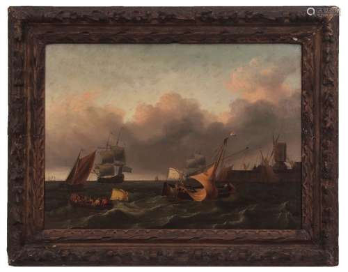 Charles Martin Powell (1775-1824) Shipping off a harbour with windmill oil on canvas 54 x 74cms