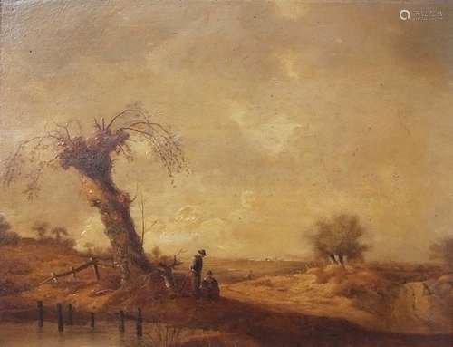 Circle of Thomas Gainsborough (1727-1788), Figures in a landscape, oil on panel, 27 x 34cm