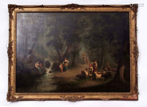 Continental School (19th century), Figures and goats in woodland, oil on canvas, 70 x 100cm