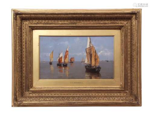Antonietta Brandeis, Venetian boats, oil on panel, monogrammed lower right, 21 x 36cm