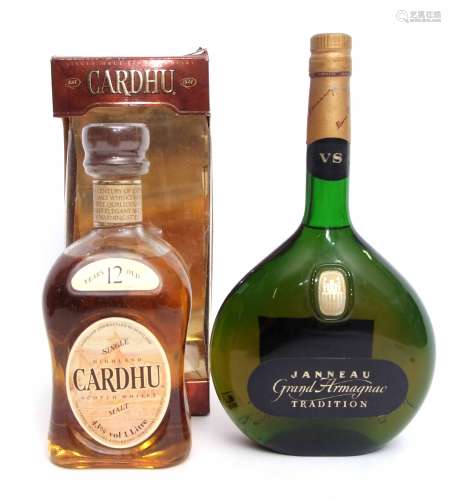 Cardhu Malt Scotch whisky, 12 year old, 1 bottle in carton, and Janneau Grand Armagnac Tradition,