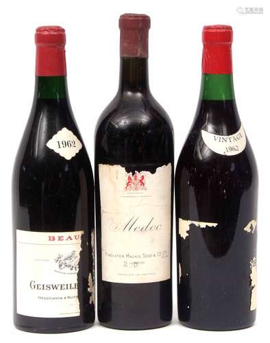 Geisweiler et Fils Beaune 1962, 1 bottle, further bottle of red wine with missing label only 