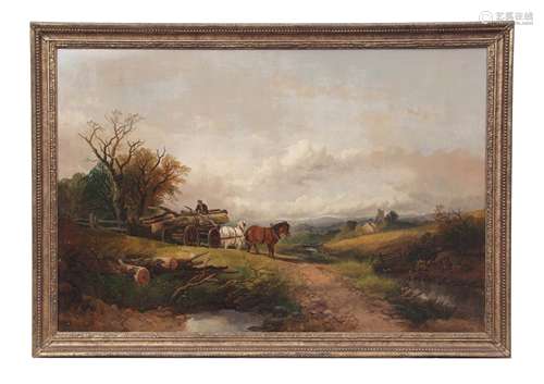 Joseph Horlor (1809-1887), Extensive landscape with log cart, oil on canvas, signed lower left, 80 x