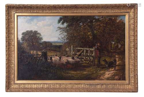 Attributed to George William Mote, (1832-1909), Shepherd, dog and flock by a gate, oil on canvas, 36