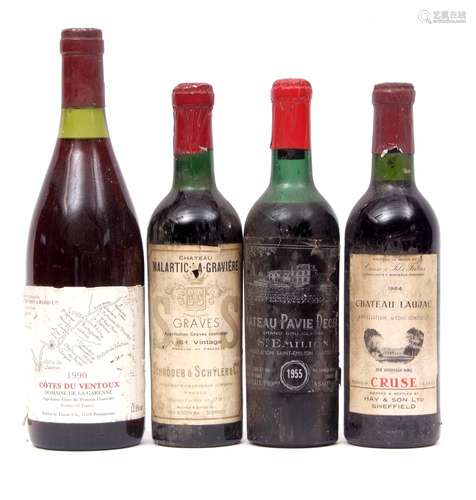 Chateau Laujac 1964, 2 half bottles and Chateau Pavie dece 1955, one half bottle, Cotes du